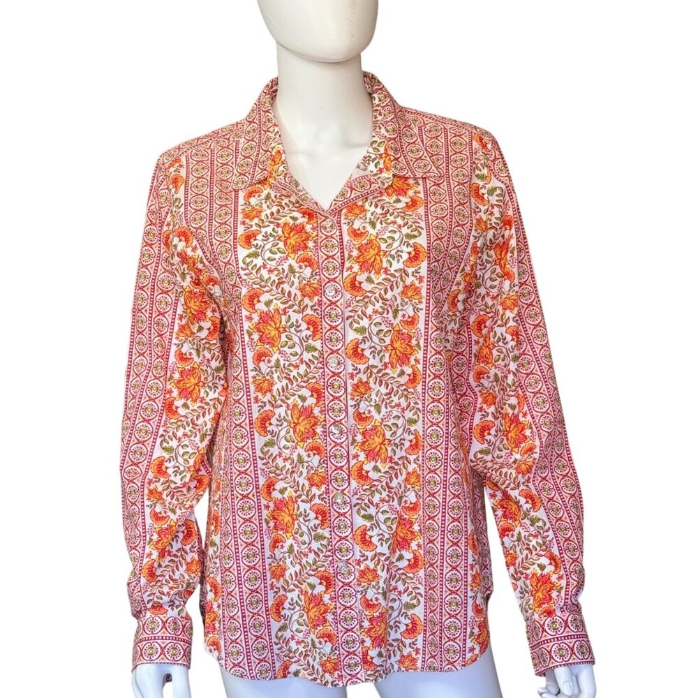 Lucky Brand Shirt Womens MM Red Floral Cotton Button Long Sleeve